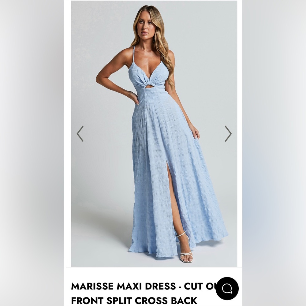 Showpo Marisse Maxi Dress - Blue Cutout Front Split Cross Back Textured Size 4/S